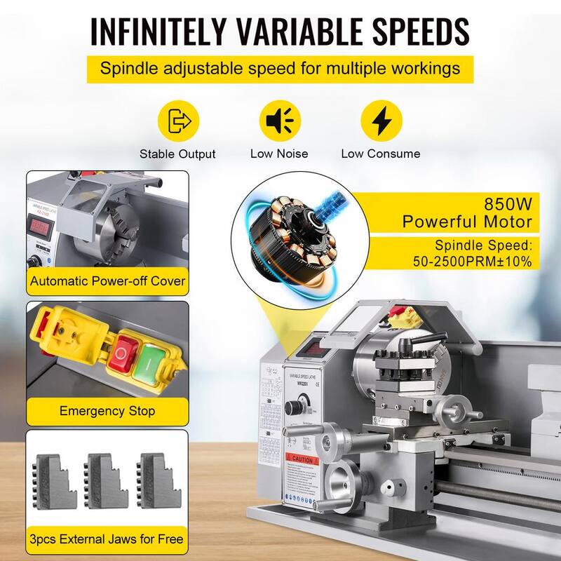 Torno de metal VEVOR 210 x 800 Máquina de torno mini 2500 RPM Cambio de velocidad variable de 850W Torno mini de precisión para trabajar metal - DLSJZ210800MMWEO0V1