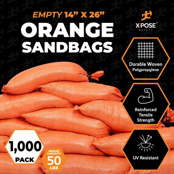 Xpose Safety Woven Poly Sand Bags for Flooding 14 x 26, 50 lb WL, Empty, Orange, Pack of 1000, 1000PK - SBO-1426-1000-X