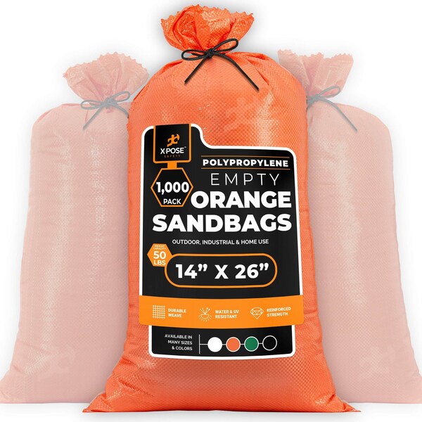 Xpose Safety Woven Poly Sand Bags for Flooding 14 x 26, 50 lb WL, Empty, Orange, Pack of 1000, 1000PK - SBO-1426-1000-X