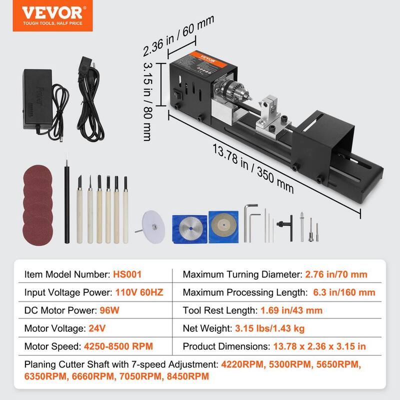 Máquina de torno compacta VEVOR, dimensiones 2.76 pulgadas de largo x 6.3 pulgadas de ancho, 96 vatios, 7 velocidades ajustables que van desde 4220 a 8450 rpm - MNMGCCMNY796W1WHYV1-0730