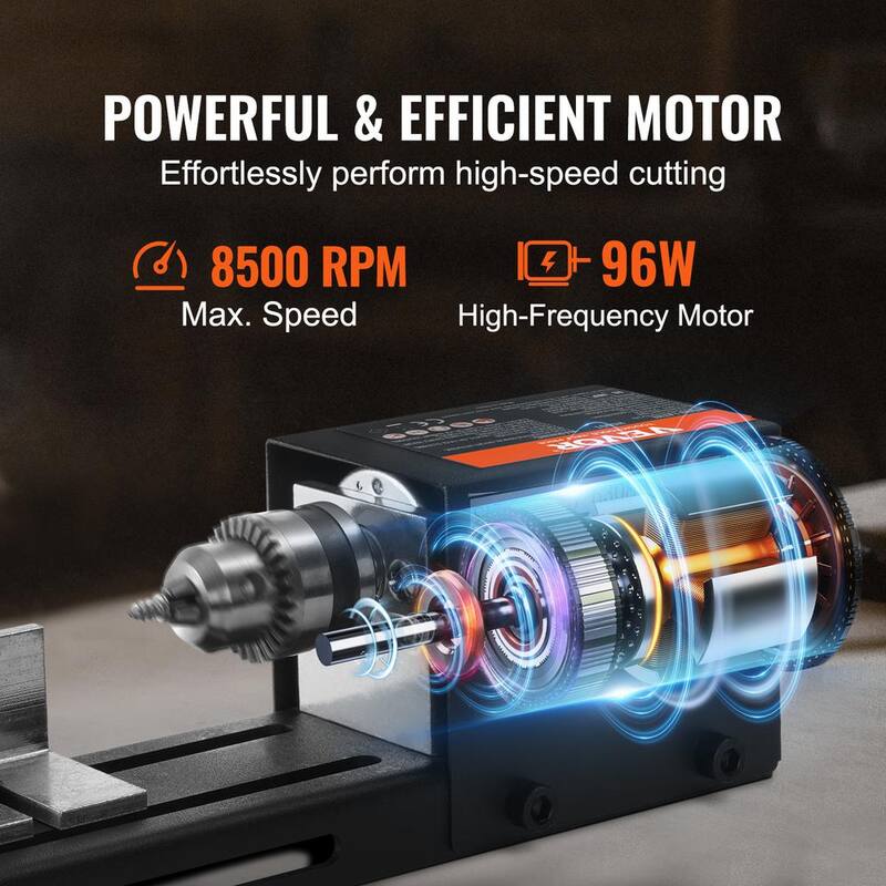 Máquina de torno compacta VEVOR, dimensiones 2.76 pulgadas de largo x 6.3 pulgadas de ancho, 96 vatios, 7 velocidades ajustables que van desde 4220 a 8450 rpm - MNMGCCMNY796W1WHYV1-0730