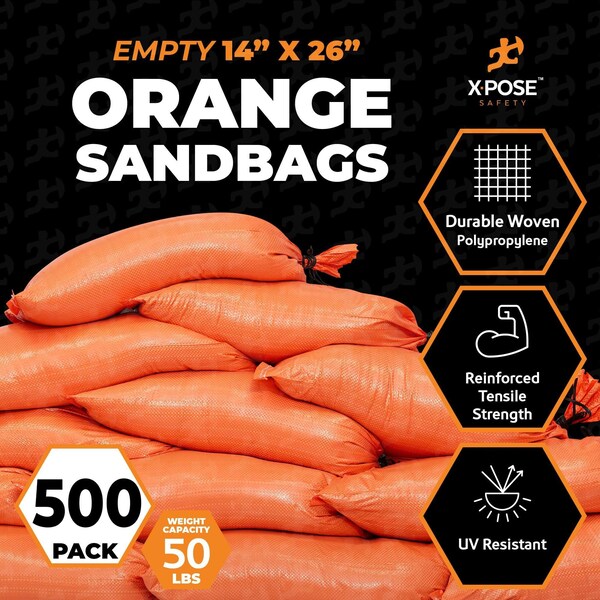 Xpose Safety Woven Poly Sand Bags for Flooding, 14 x 26, 50 lb WL, Empty, Orange, Pack of 500, 500PK - SBO-1426-500-X-S