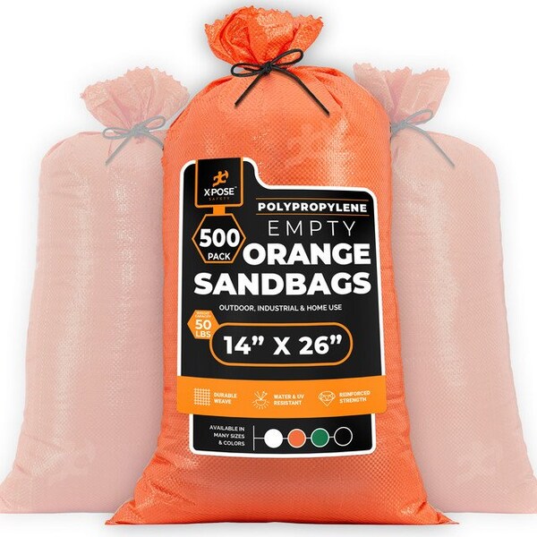 Xpose Safety Woven Poly Sand Bags for Flooding, 14 x 26, 50 lb WL, Empty, Orange, Pack of 500, 500PK - SBO-1426-500-X-S