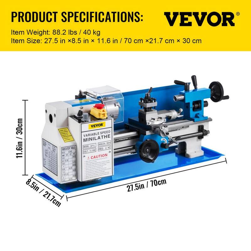 Torno de metal VEVOR 7in. x 12in. Torno de metal de precisión de banco mini torno de metal de 550 vatios con velocidad variable de 50-2500 RPM Engranaje de nylon - JSMNCC0618-3BYS01V1