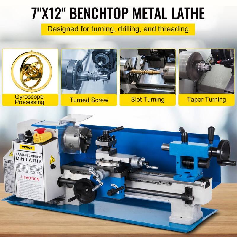 Torno de metal VEVOR 7in. x 12in. Torno de metal de precisión de banco mini torno de metal de 550 vatios con velocidad variable de 50-2500 RPM Engranaje de nylon - JSMNCC0618-3BYS01V1