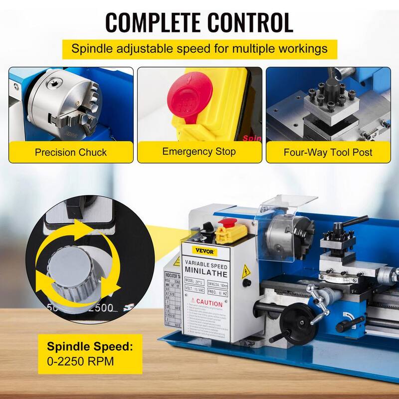 Torno de metal VEVOR 7in. x 12in. Torno de metal de precisión de banco mini torno de metal de 550 vatios con velocidad variable de 50-2500 RPM Engranaje de nylon - JSMNCC0618-3BYS01V1