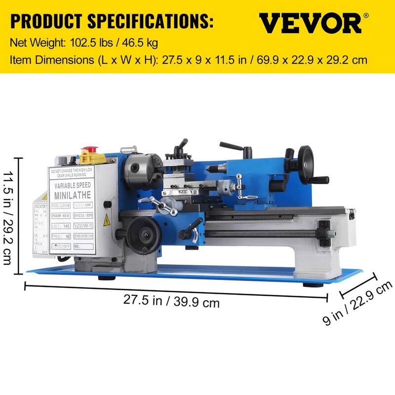 Torno de metal VEVOR 7 pulgadas x 12 pulgadas. Torno de metal mini de precisión 2250 RPM 400 Watts de velocidad variable. Torno de banco de precisión mini - 0618-3BMNCC000001V1