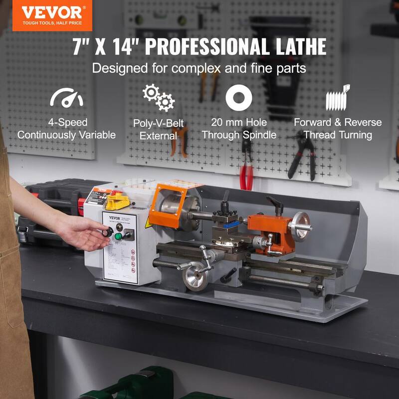 Torno de Metal VEVOR 3.9 pulgadas, 7 pulgadas x 13.78 pulgadas. Torno de Banco 2200 RPM Velocidad Variable 500-Watt Motor de Cepillo Oscilante para Precisión - TSJSCCYSDJ1806AD7V1