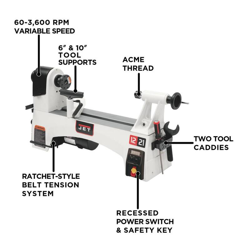 Torno de madera Jet de 1 HP, 12 pulgadas x 21 pulgadas, Velocidad variable, 115 voltios, JWL-1221VS - 719200