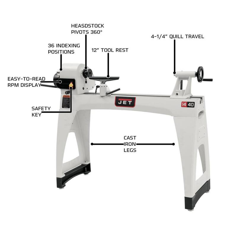 Torno de madera Jet JWL-1440VSK de 14 pulgadas x 40 pulgadas con patas - 719400K