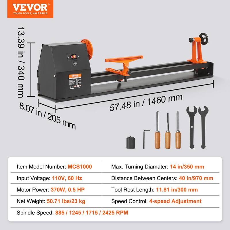 Torno de madera de banco VEVOR 14 pulgadas x 40 pulgadas 0.5 HP 370 vatios Torno de madera con velocidades de 885/1245/1715/2425 RPM para carpintería - TSMGCCY4005HPM54JV1