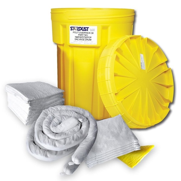 Stardust Spill Products Spill Kit, 28 gal Volume Absorbed per Kit, 30 gal Capacity, Drum, Yellow, 58 - D930P
