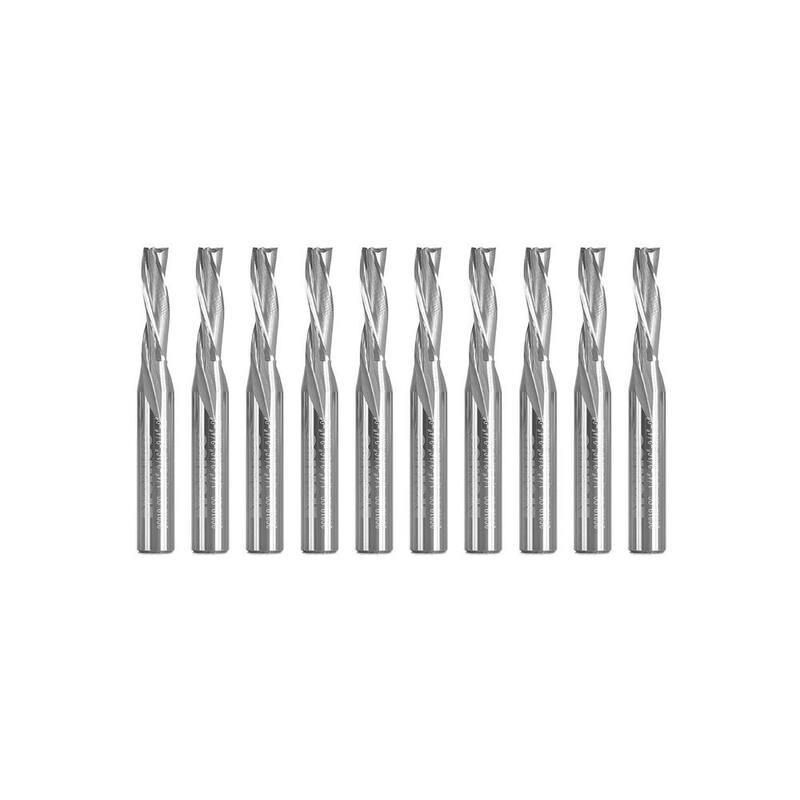 Fresa de extremo espiral de corte descendente de tres flautas con baja hélice Yonico de 3/16 pulg. de diámetro, vástago de 1/4 pulg. Juego de bits de carburo sólido para router CNC (10 piezas) - 36312-SC-10PK