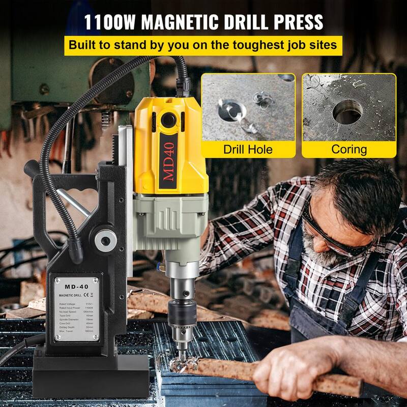 VEVOR Taladro Magnético, 1100 W, 1.57 pulgadas de diámetro de perforación, 2697lbf/12000N Taladro Magnético Eléctrico Portátil con 7 Brocas - JBLJC6PCS110VSLJ1V1
