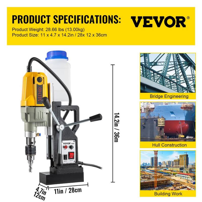 VEVOR Taladro Magnético, 1100 W, 1.57 pulgadas de diámetro de perforación, 2697lbf/12000N Taladro Magnético Eléctrico Portátil con 7 Brocas - JBLJC6PCS110VSLJ1V1