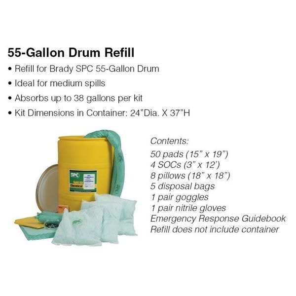 Brady Spill Kit Refill, 38 gal Volume Absorbed per Kit, 55 gal Capacity, Refill, Gray - SKA55-R