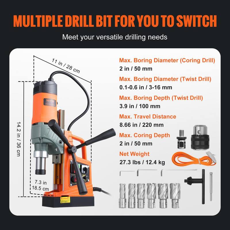 VEVOR Taladro Magnético, 1450 Watts, 2 pulgadas de diámetro de perforación, 12800 N, taladro magnético eléctrico portátil con prensa de taladro de 800 RPM - CLZTJJTJ650MMGTUOV1-0904