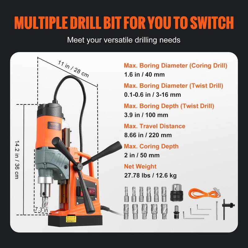 Taladro magnético VEVOR, 1450 watts, 12500N 850 RPM, prensa de taladro magnético eléctrico portátil con un diámetro de perforación de 1.57 pulgadas - CLZTJJT1140MMA10VV1