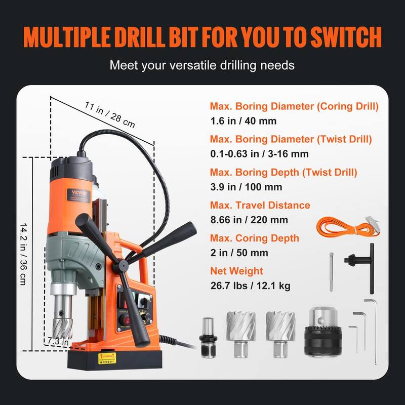 Broca magnética de 1450W VEVOR, taladro portátil eléctrico de imán con 1.57 pulgadas de diámetro de perforación, 12500N, velocidad variable - CLZTJJTJ240MMCO3GV1-0717