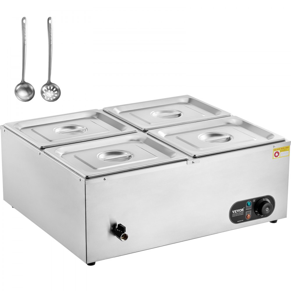 VEVOR 4-Pan Commercial Food Warmer, 4 x 12QT Electric Steam Table, 1500W Professional Countertop Stainless Steel Buffet Bain Marie with 86-185°F Temp Control for Catering and Restaurants, Silver - BW4412QT1200W2SZRV1