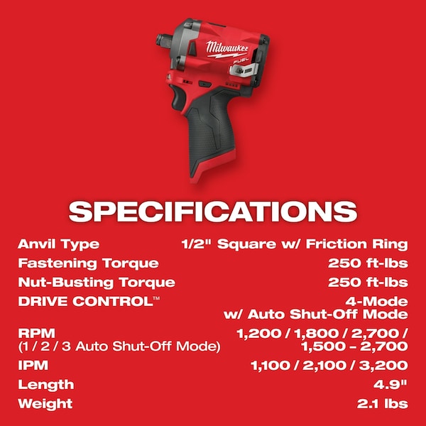 Milwaukee Tool M12 FUEL Stubby 1/2" Impact Wrench Kit - 2555-22