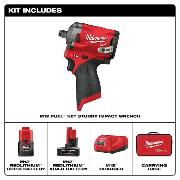 Milwaukee Tool M12 FUEL Stubby 1/2" Impact Wrench Kit - 2555-22