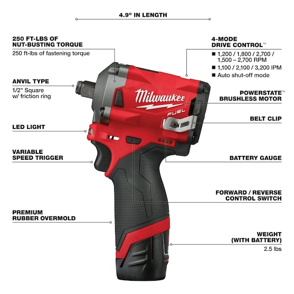 Milwaukee Tool M12 FUEL Stubby 1/2" Impact Wrench Kit - 2555-22