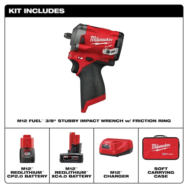 Milwaukee Tool M12 FUEL™ 12V 3/8" Cordless Stubby Impact Wrench Kit (2 Batteries + Soft Case Bundle) - 2554-22