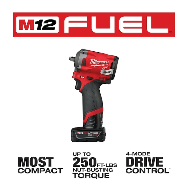 Milwaukee Tool M12 FUEL™ 12V 3/8" Cordless Stubby Impact Wrench Kit (2 Batteries + Soft Case Bundle) - 2554-22