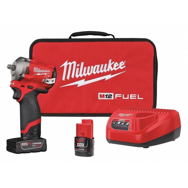 Milwaukee Tool M12 FUEL™ 12V 3/8" Cordless Stubby Impact Wrench Kit (2 Batteries + Soft Case Bundle) - 2554-22