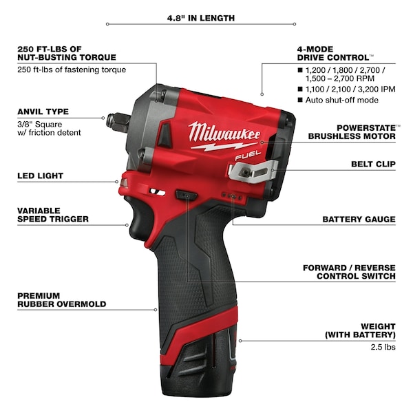 Milwaukee Tool M12 FUEL™ 12V 3/8" Cordless Stubby Impact Wrench Kit (2 Batteries + Soft Case Bundle) - 2554-22