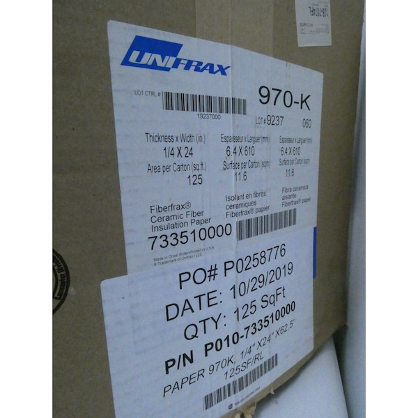 Unifrax CERAMIC FIBER PAPER 1/4IN X 24IN 125SQ-FT FIRE SAFETY PART & ACCESSORY - 970-K 733510000