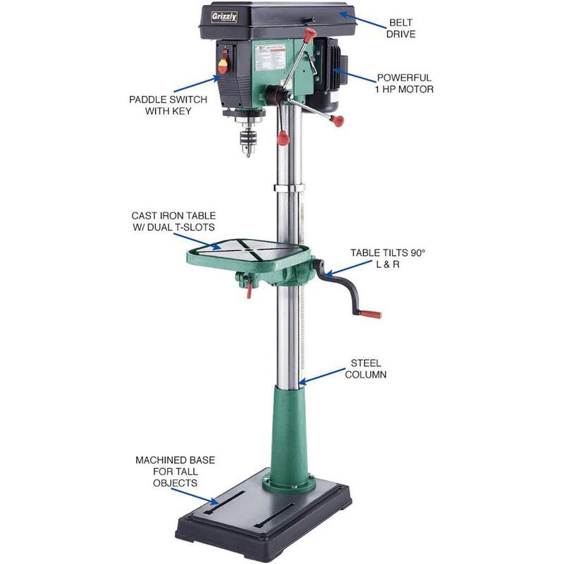 Prensa de taladro de piso de 17 pulgadas y 12 velocidades de Grizzly Industrial con capacidad de mandril de 5/8 pulgadas - G7947
