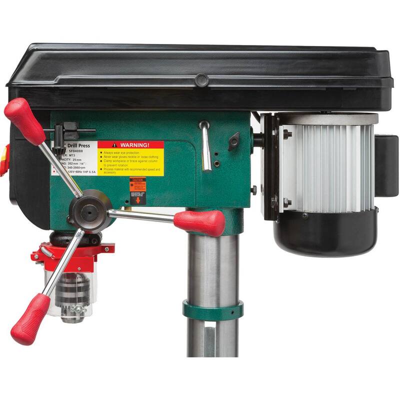 Prensa taladradora de piso de 14 pulgadas y 12 velocidades de Grizzly Industrial con capacidad de mandril de 5/8 pulgadas, luz LED y guía láser - T33902