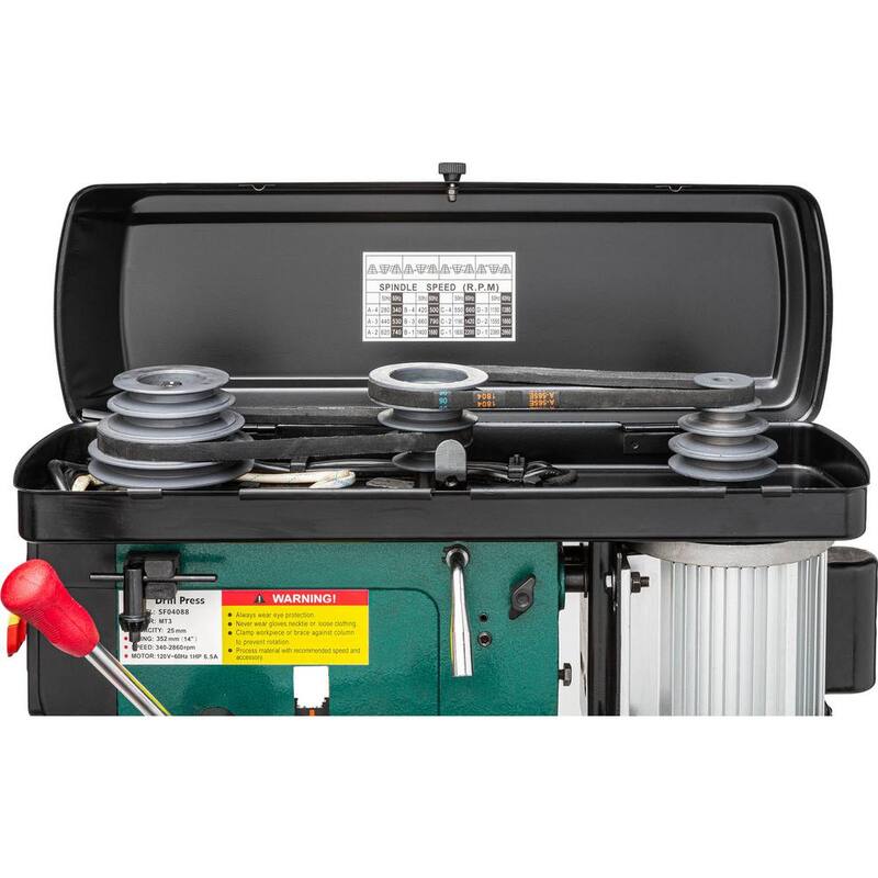 Prensa taladradora de piso de 14 pulgadas y 12 velocidades de Grizzly Industrial con capacidad de mandril de 5/8 pulgadas, luz LED y guía láser - T33902
