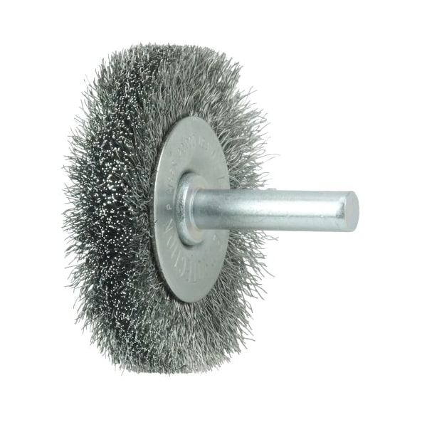 Weiler 2" Stem-Mounted Crimped Wire Radial Wheel, .008" Steel Fill, 1/4" Stem - 17955