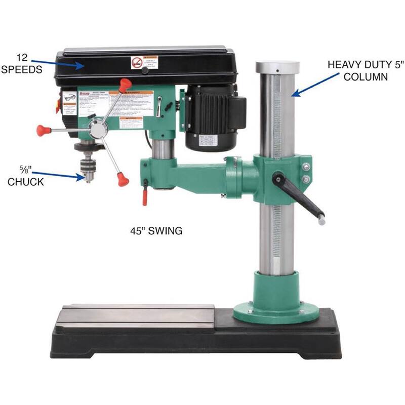 Prensa de taladro radial de 45 pulgadas y 12 velocidades con capacidad de portabrocas de 5/8 de pulgada - G9969 de Grizzly Industrial