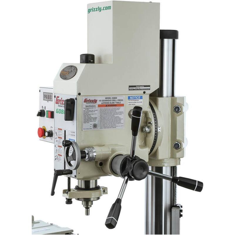 Prensa de taladro de engranaje de 20-3/4 pulgadas de Grizzly Industrial con capacidad de portabrocas de 1-9/16 pulgadas, mesa deslizante cruzada - G0808