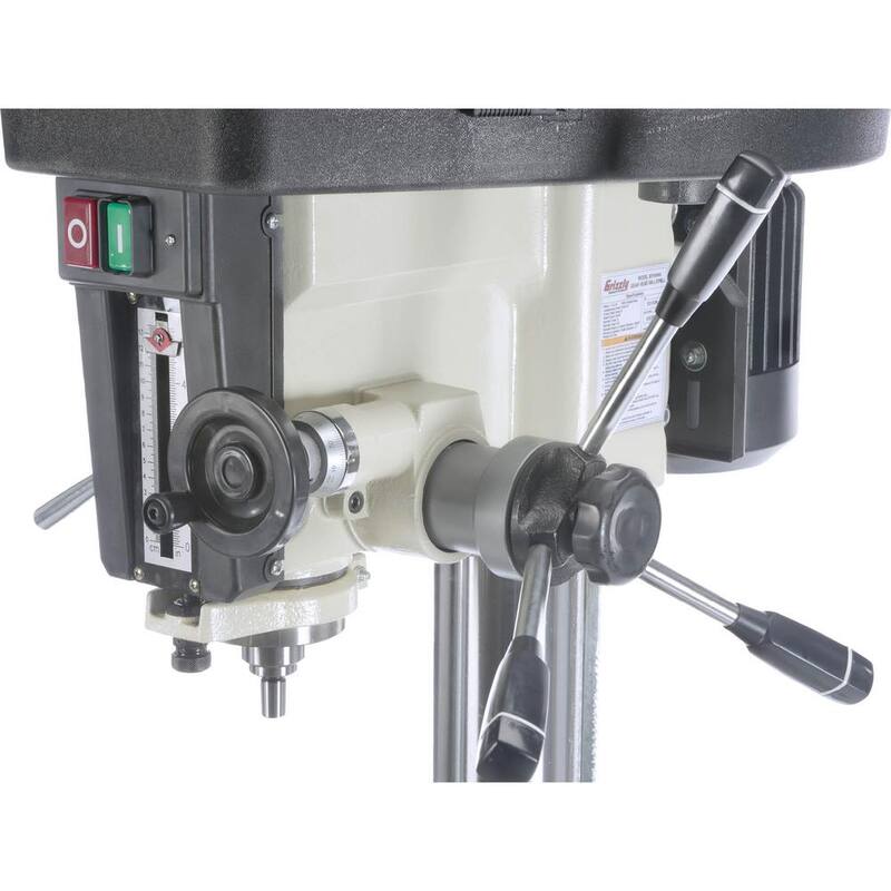 Prensa taladradora de 16 pulgadas de Grizzly Industrial con capacidad de portabrocas de 3/4 de pulgada, mesa deslizante cruzada y avance de energía - G0810