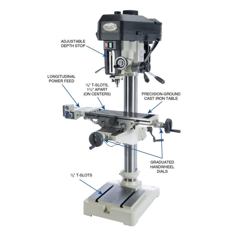 Prensa taladradora de 16 pulgadas de Grizzly Industrial con capacidad de portabrocas de 3/4 de pulgada, mesa deslizante cruzada y avance de energía - G0810