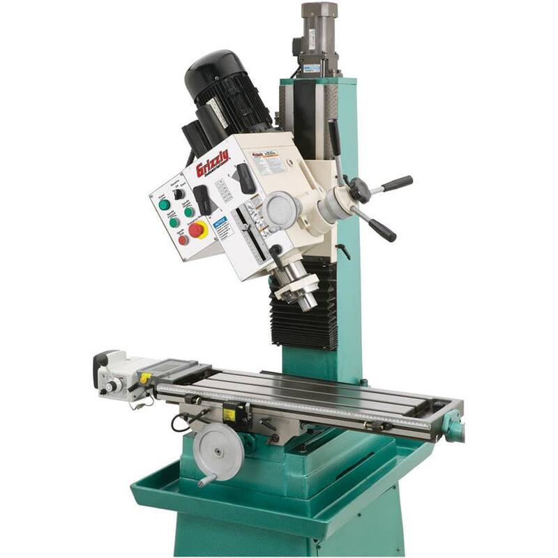 Prensa taladradora/fresadora pesada de 6 velocidades de Grizzly Industrial de 10 pulgadas x 32 pulgadas con capacidad de broquero de 3/8 pulgadas, base y avance automático - G0755