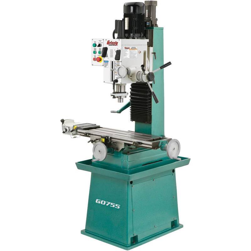 Prensa taladradora/fresadora pesada de 6 velocidades de Grizzly Industrial de 10 pulgadas x 32 pulgadas con capacidad de broquero de 3/8 pulgadas, base y avance automático - G0755