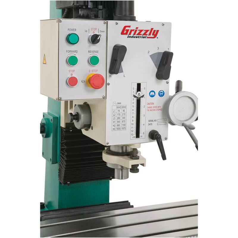 Prensa taladradora/fresadora pesada de 6 velocidades de Grizzly Industrial de 10 pulgadas x 32 pulgadas con capacidad de broquero de 3/8 pulgadas, base y avance automático - G0755