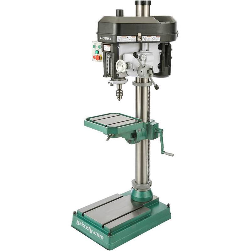 Prensa de taladro de 15 pulgadas de Grizzly Industrial con 12 velocidades, capacidad de mandril de 1/2 pulgada y alimentación automática hacia abajo - G0823