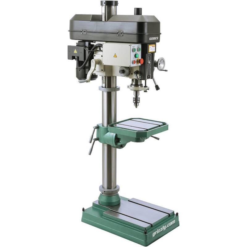 Prensa de taladro de 15 pulgadas de Grizzly Industrial con 12 velocidades, capacidad de mandril de 1/2 pulgada y alimentación automática hacia abajo - G0823