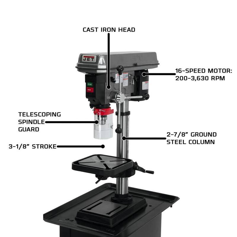 Prensa de taladro de banco Jet de 3/4 HP de 15 pulgadas con luz de trabajo, 16 velocidades, 115 voltios, J-2530 - 354401