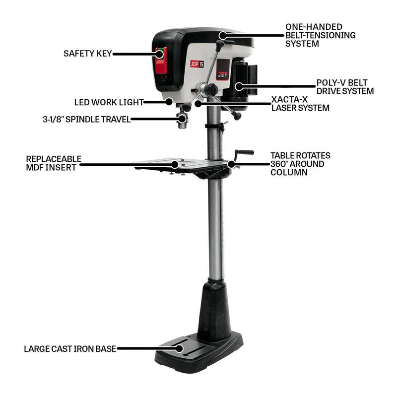 Prensa de taladro de piso Jet de 3/4 HP de 15 pulgadas con luz LED de trabajo, 16 velocidades, 115 voltios, JDP-15F - 716250