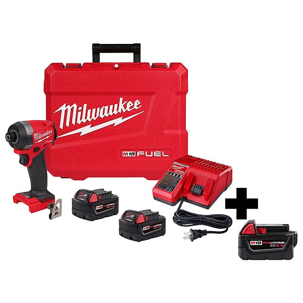Milwaukee Tool M18 Impact Driver Kit, Drive Size 1/4 in Hex, Includes (3) Batteries and (1) Battery Charger - 2953-22, 48-11-1850