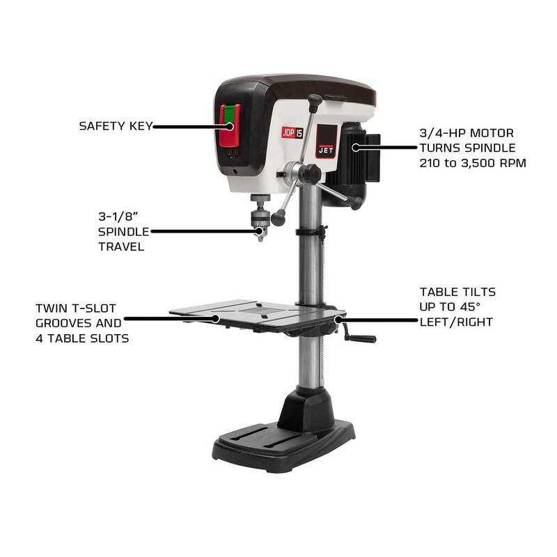 Prensa de taladro de banco Jet de 3/4 HP y 15 pulgadas con luz de trabajo LED, 16 velocidades, 115 voltios, JDP-15B - 716200