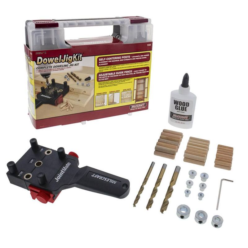 
Kit de plantilla de espiga Milescraft 1/4 pulg. 5/16 pulg. 3/8 pulg. Kit de plantilla de espiga completo incluye espigas, brocas, topes de profundidad, pegamento - 1333